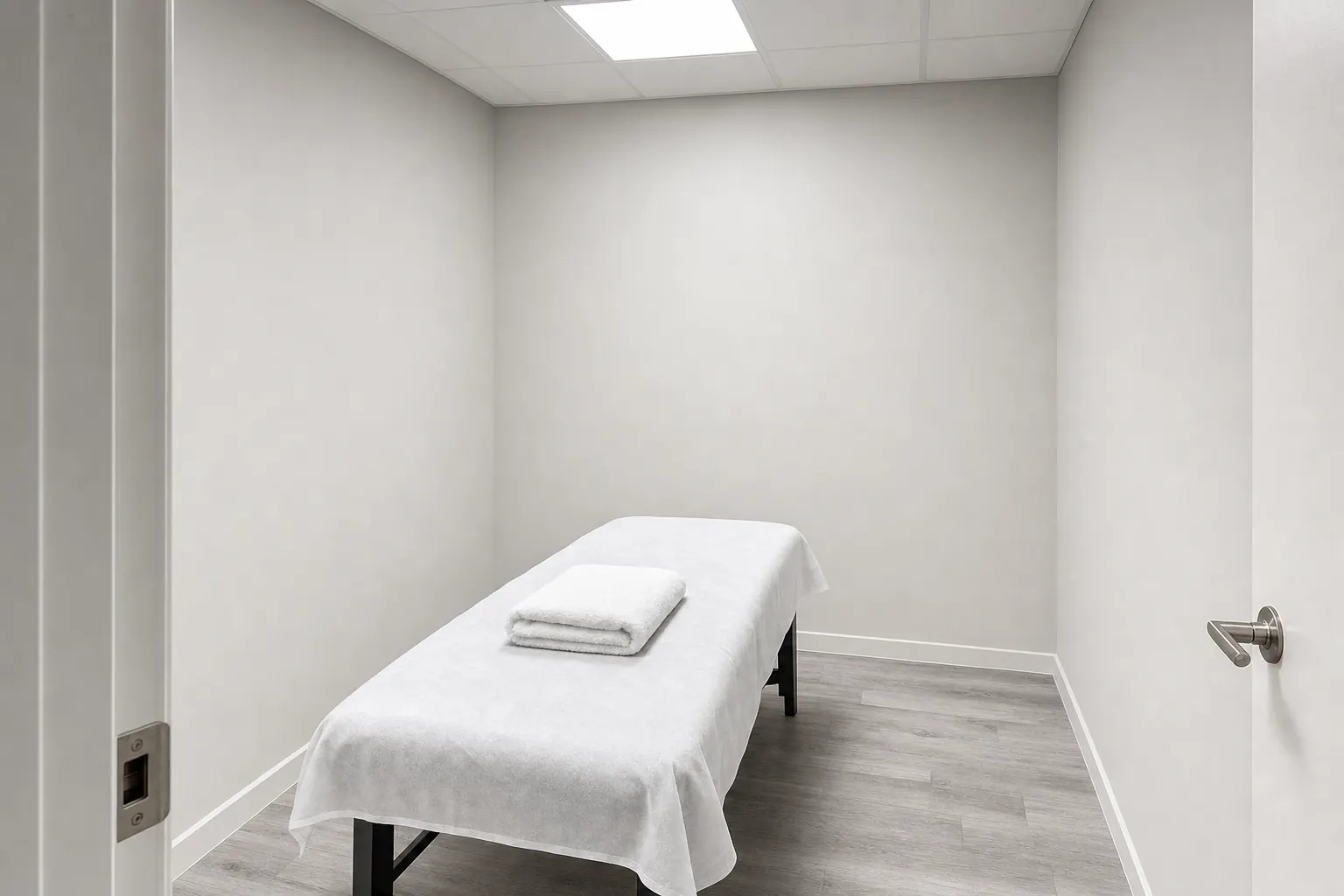 Cabine de soin sous plafonnier diffus, table drapée de papier d'examen, aucune fenêtre.