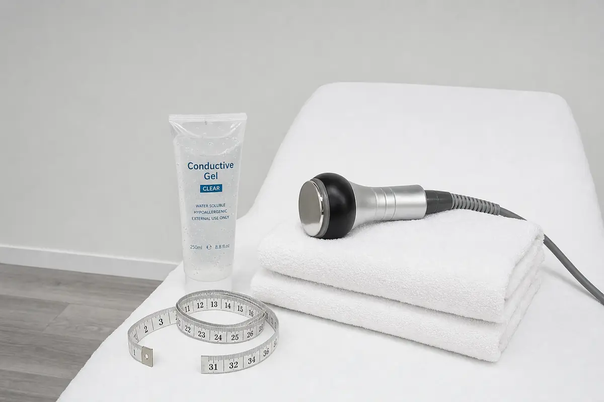 Appareil de cavitation posé sur une serviette éponge pliée, tube de gel conducteur et mètre ruban, sur le drap de papier de la table de soin.