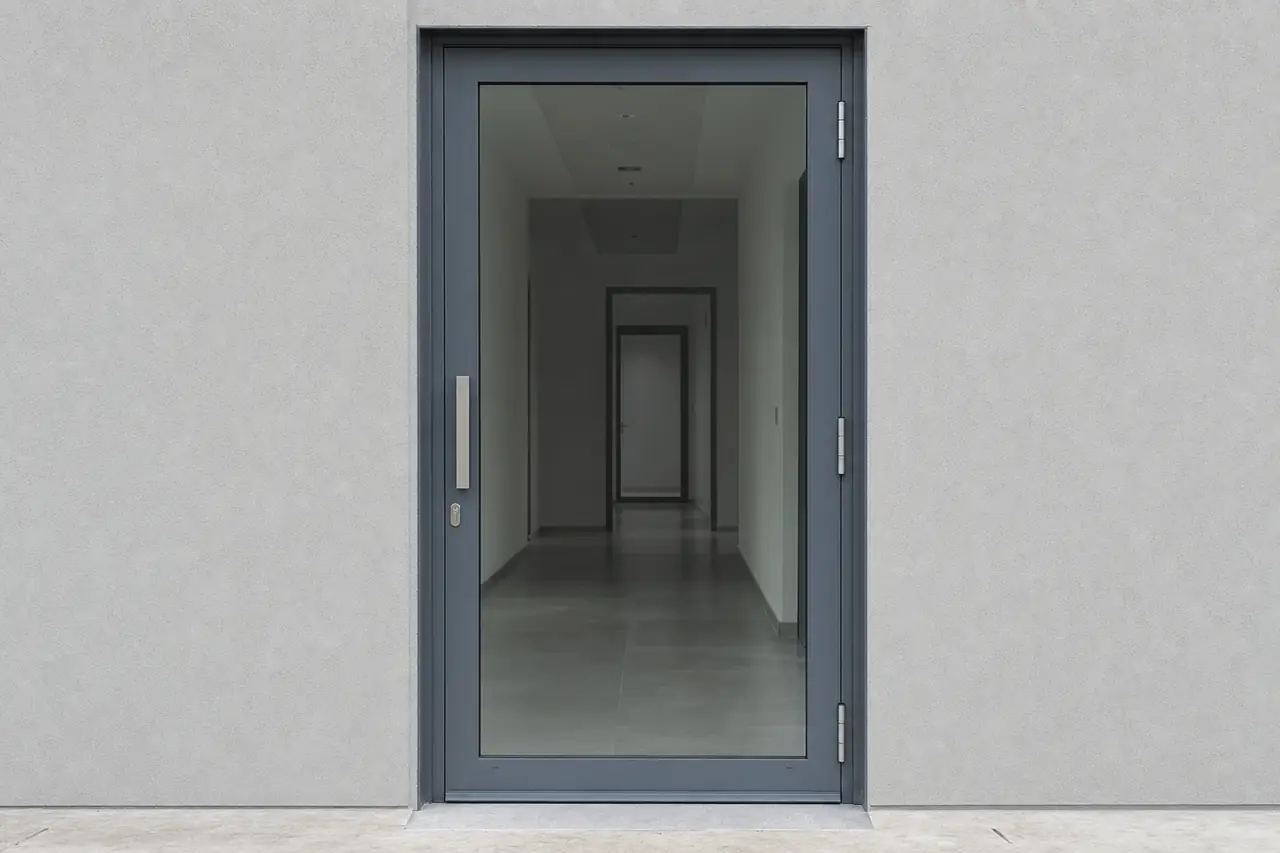 Porte vitrée d'un immeuble professionnel partagé, plaques de praticiennes à l'entrée du rez-de-chaussée.